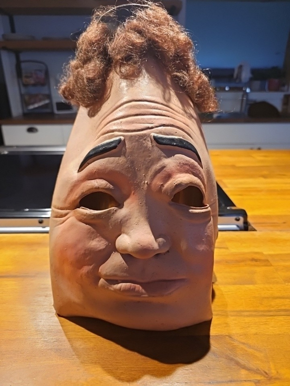 Vintage Halloween Spearhead Rubber Face Mask with Curly Hair 1980s